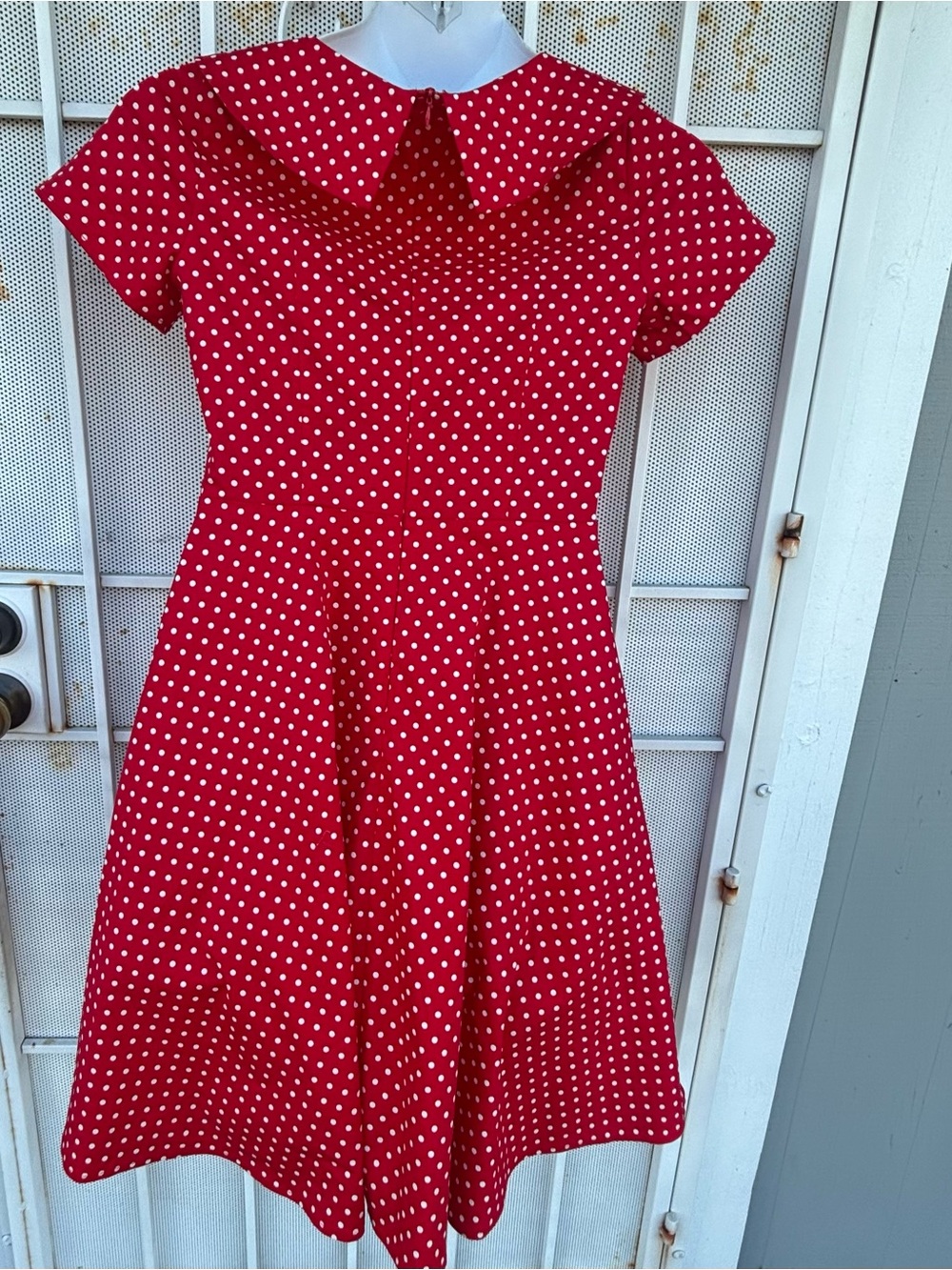 Vintage-Inspired Red Polka Dot Dress M with Peter Collar S/S fit & flare - Picture 5 of 7